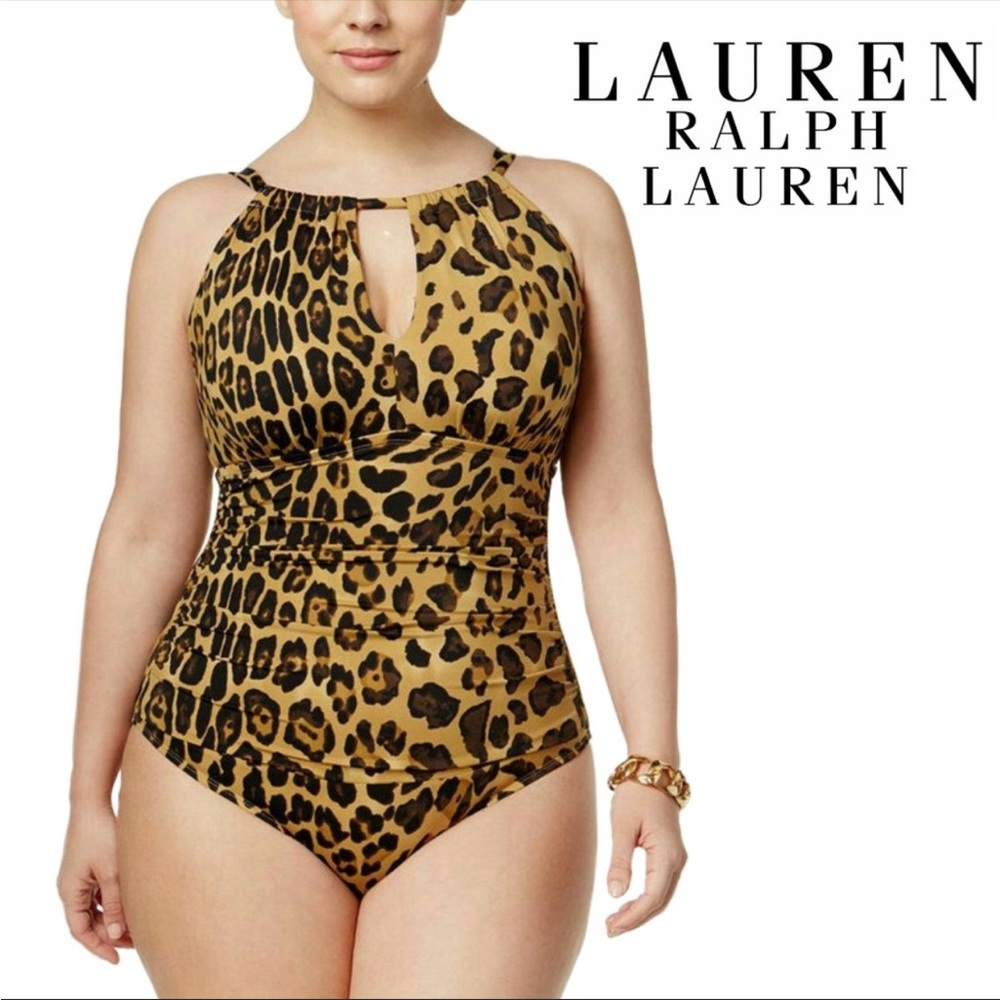 NWT- Lauren Ralph Lauren Leopard Hi Neck Mio One Piece Swimsuit Plus Size 20w